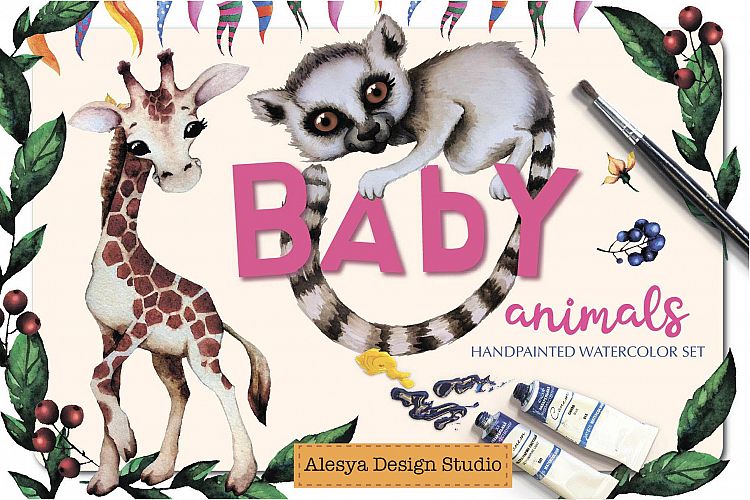 Baby animals. Cute watercolor zebra, hippo, lemur, tiger etc
