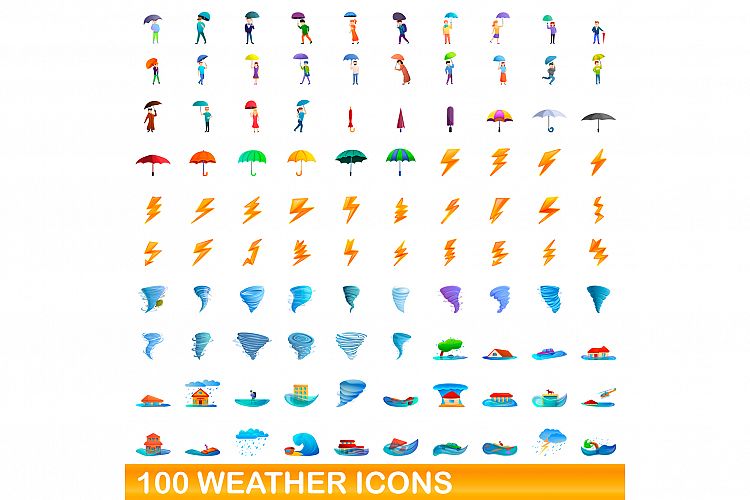 100 weather icons set, cartoon style example image 1