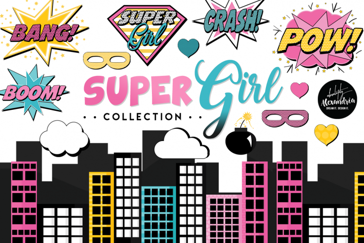 Super Girl Clipart Graphics & Digital Paper Patterns Bundle