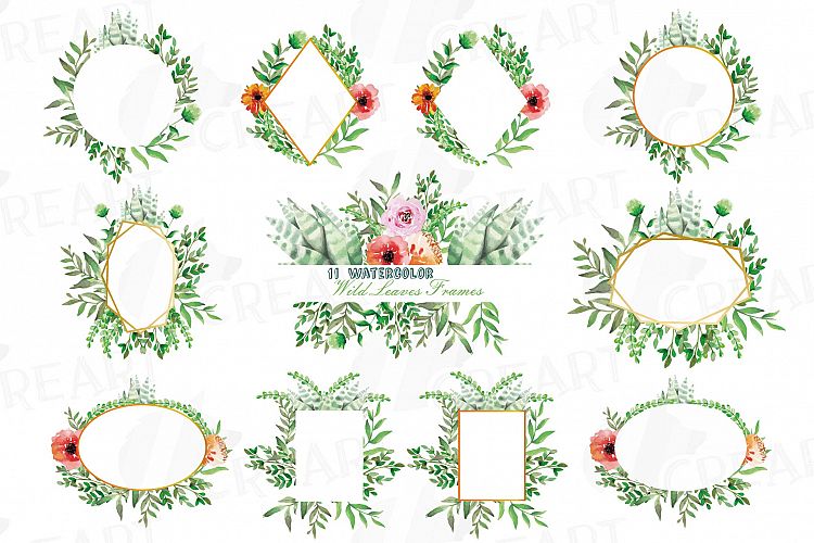 Watercolor floral wild leaves frames, printable borders