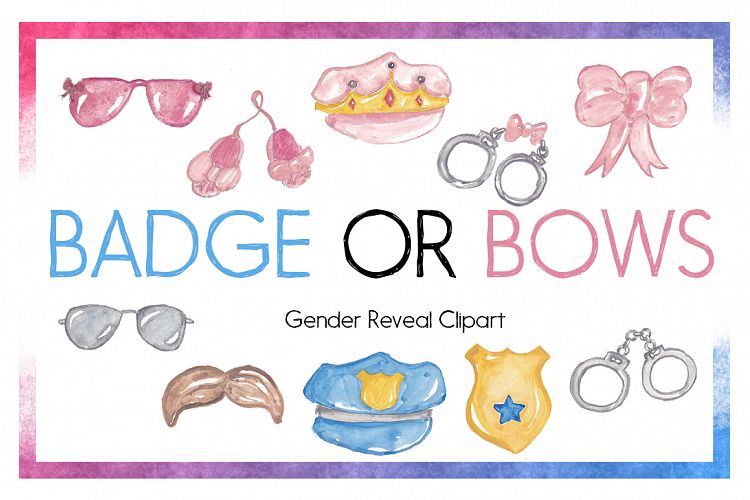 Baby Clipart-Gender Reveal Clipart-Object Clipart-Watercolor Clipart-Badge Clipart-Bows Clipart-Crown Clipart-Police Clipart-Pregnancy- Baby