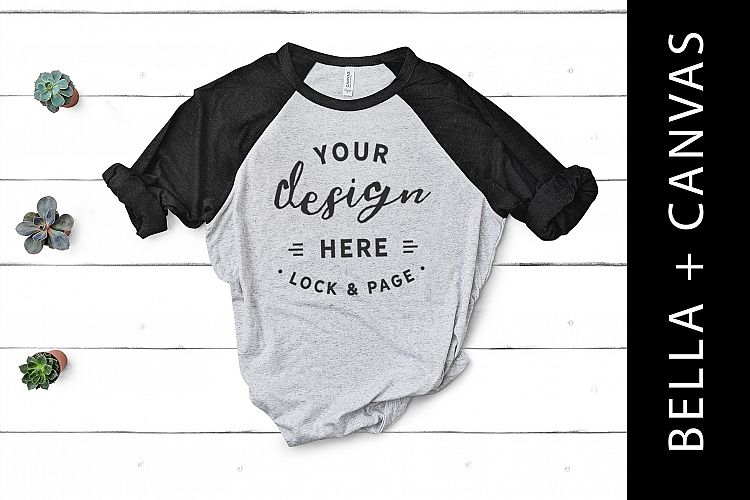Bella Canvas 3200 Heather Grey Black Raglan TShirt Mockup