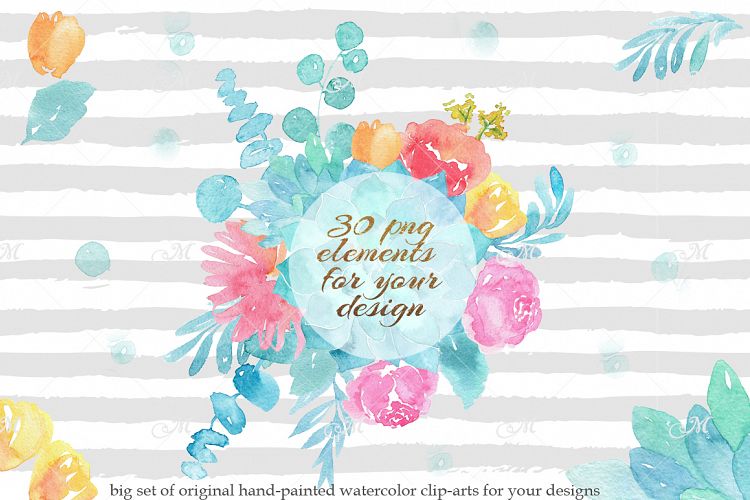 Watercolor bouquet clip-arts. PSD+PNG