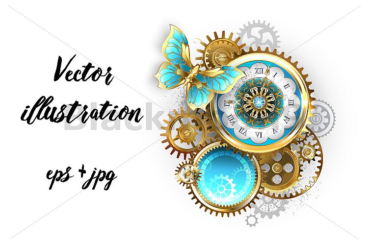 Steampunk Clock and Gear with Butterfly