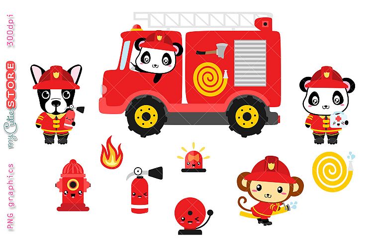 Brave firefighter animals clipart set, kawaii cliparts