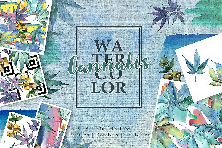 Watercolor cannabis PNG leaves set