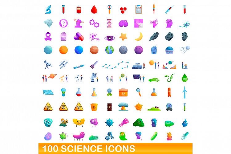 100 science icons set, cartoon style example image 1