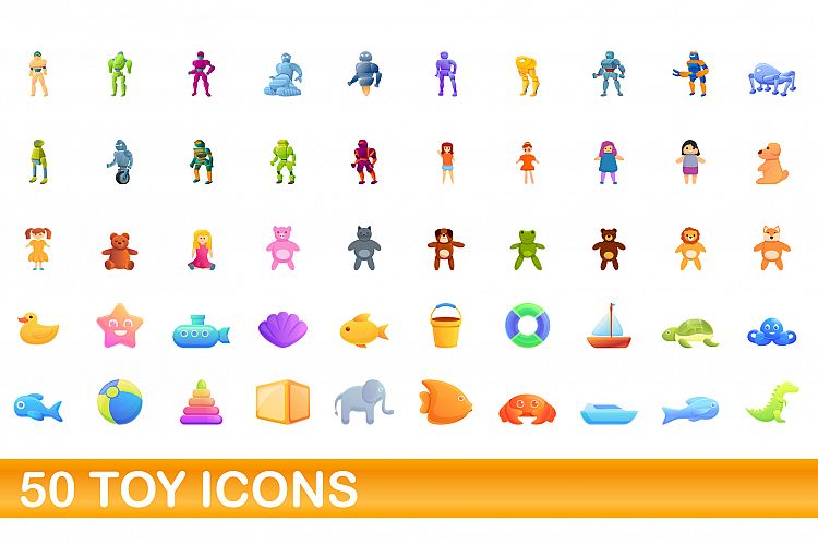 50 toy icons set, cartoon style