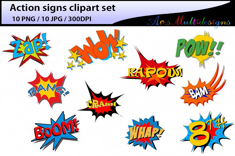 action signs / High Quality clipart / action sign silhouette / zap clipart / bang clipart / pow clipart / boom clipart /pop art / comic book