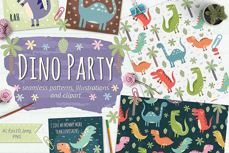 Dino Party: patterns & illusrations example image 1