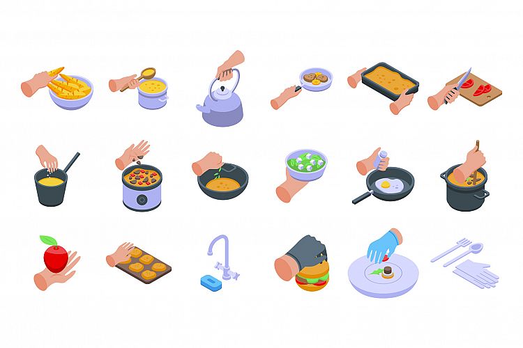 Hands preparing foods icons set, isometric style example image 1