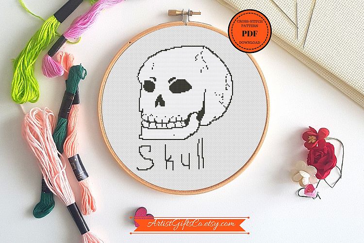 Black and White Skull Cross Stitch pattern PDF, Funny Stitch