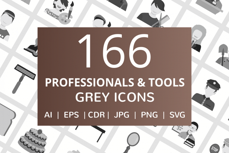 166 Professionals   their Tools Flat Greyscale Icons