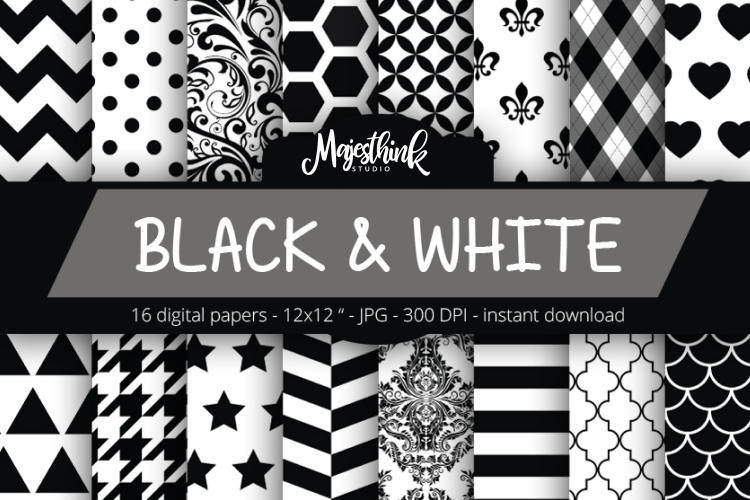 Black & White Digital Paper - with polkadot, stripe, chevron, quatrefoil, floral, damask, hexagon, triangle red pattern for Scrapbooking