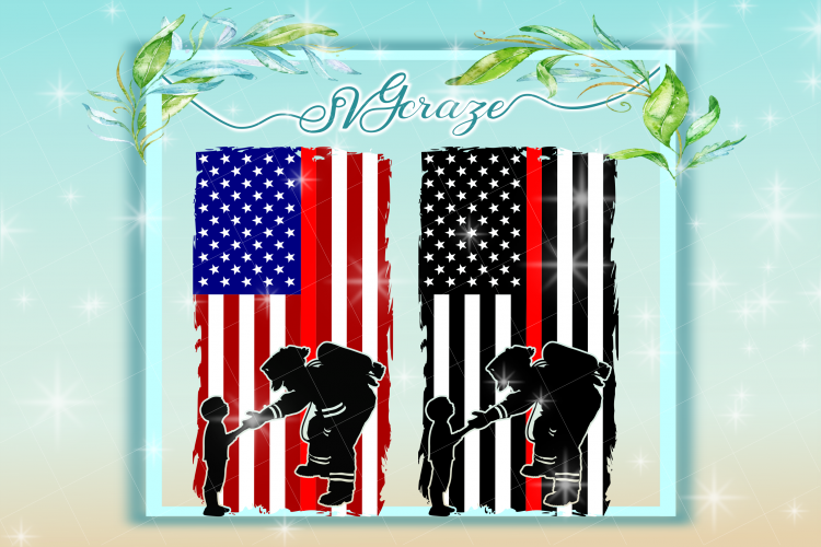 Firefighter with Child USA Flag SVG, Fire Fighter Svg