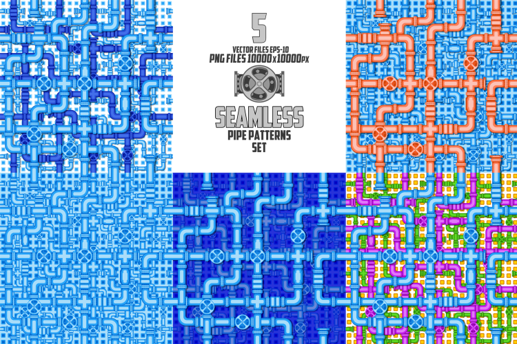 5 seamless patterns with the image of valves, and pipes.