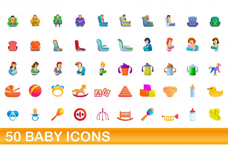 50 baby icons set, cartoon style example image 1