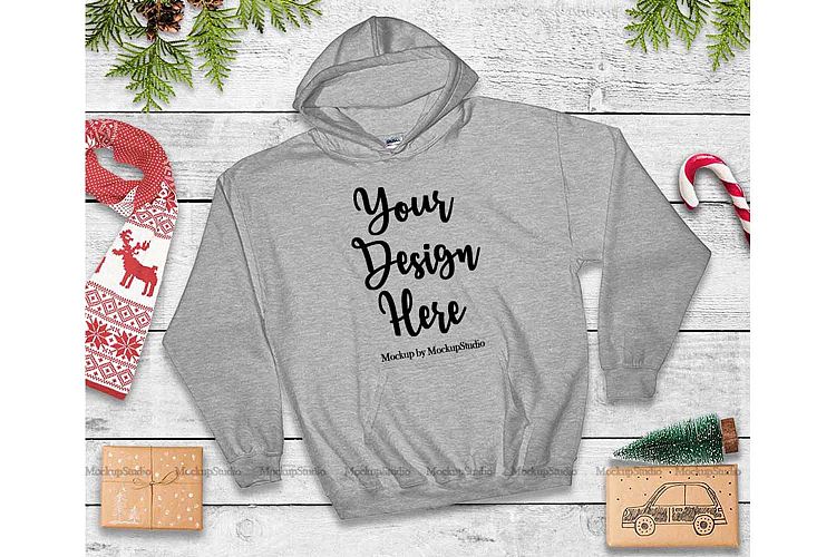 Christmas Gray Hoodie Mockup, Winter Holiday Flat Lay