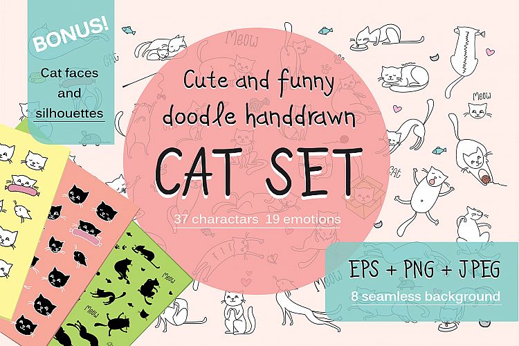 Huge set of doodle funny cats