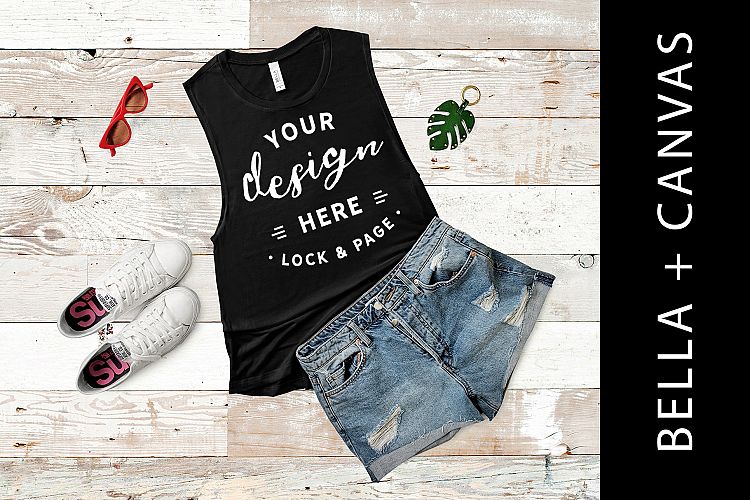 Black Bella Canvas 8803 Mockup Tank Top Gym Apparel Flat Lay