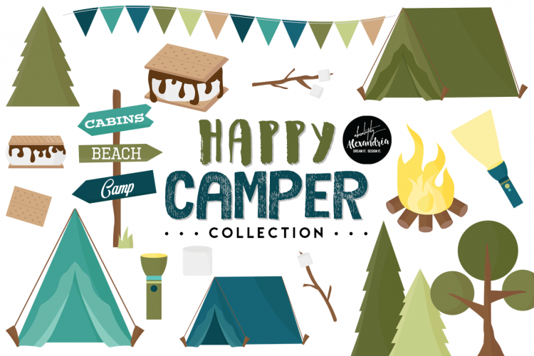 Happy Camper Clipart Graphics & Digital Paper Patterns Bundle