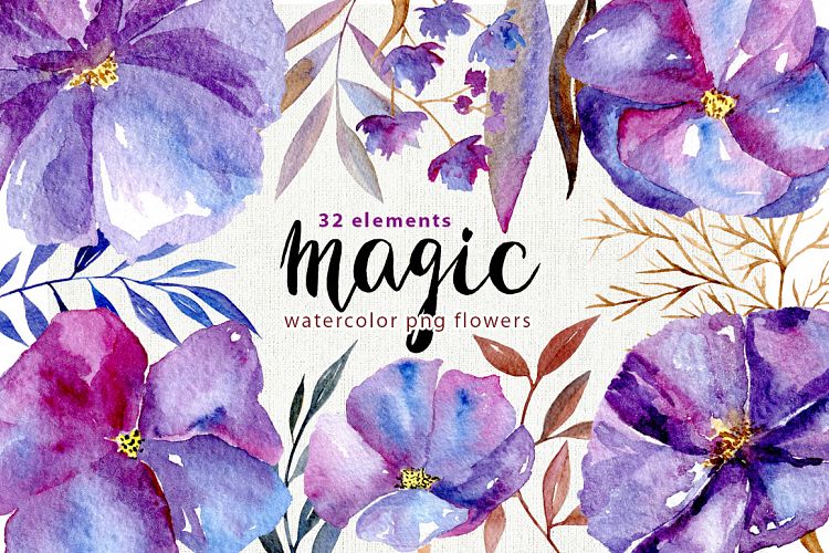 Watercolor violet flowers, 32 png example image 1