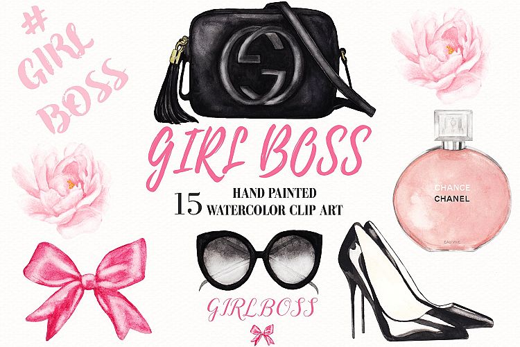 Watercolor Fashion, Cosmetic, Girl Boss Clipart