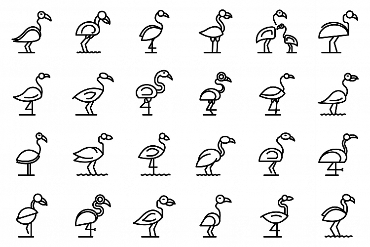 Flamingo icons set, outline style