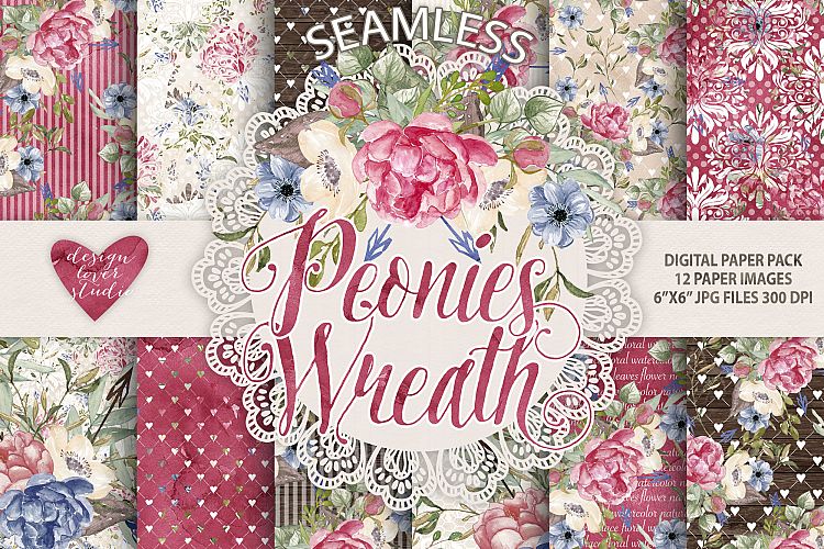 Watercolor Peony sangria flowers digital paper
