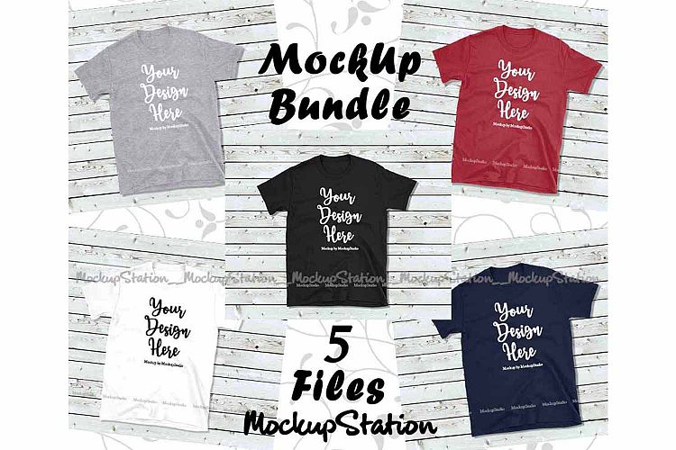 Tshirt Mockup Bundle 5 Colors Wood Background Shirt Flat Lay