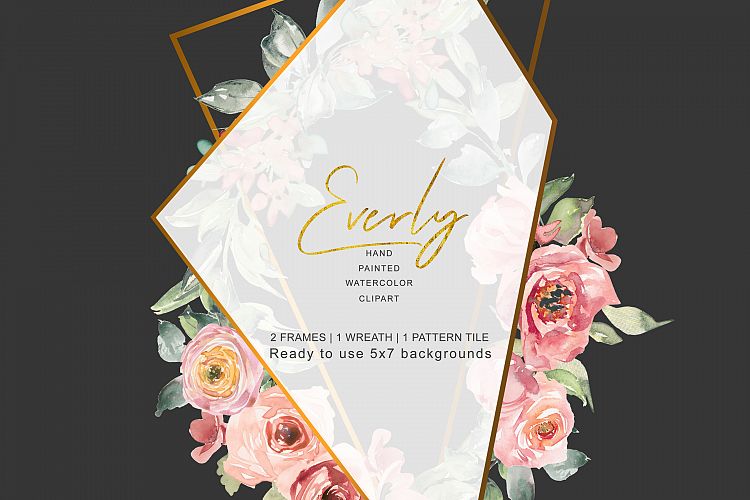 Watercolor Gold Geometric Frames Blush Flowers Wreath