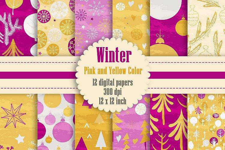 12 Winter Pattern Digital Papers in Pink and Yellow Color