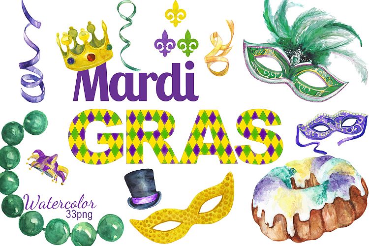 Watercolor Mardi Gras digital clip art