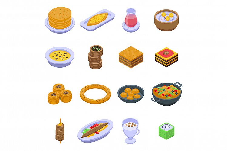 Turkish food icons set, isometric style example image 1