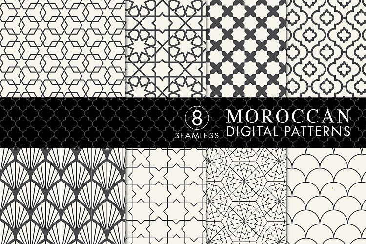 8 Seamless Moroccan Patterns - Ivory & Dark Gray