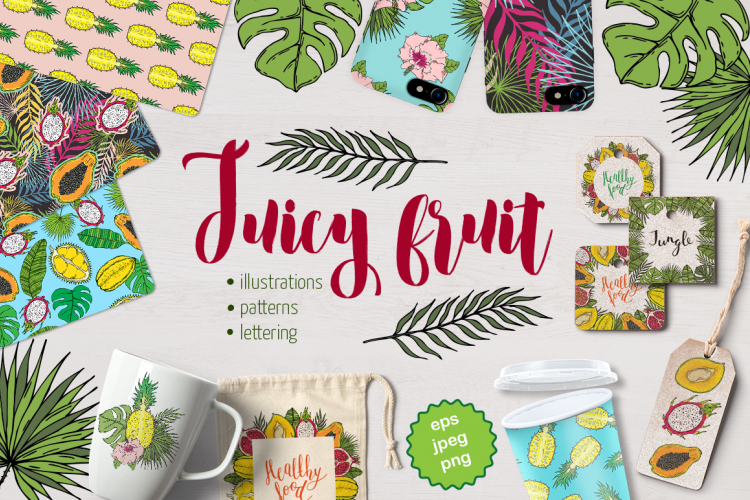 Vector tropical set of fruits and leaves