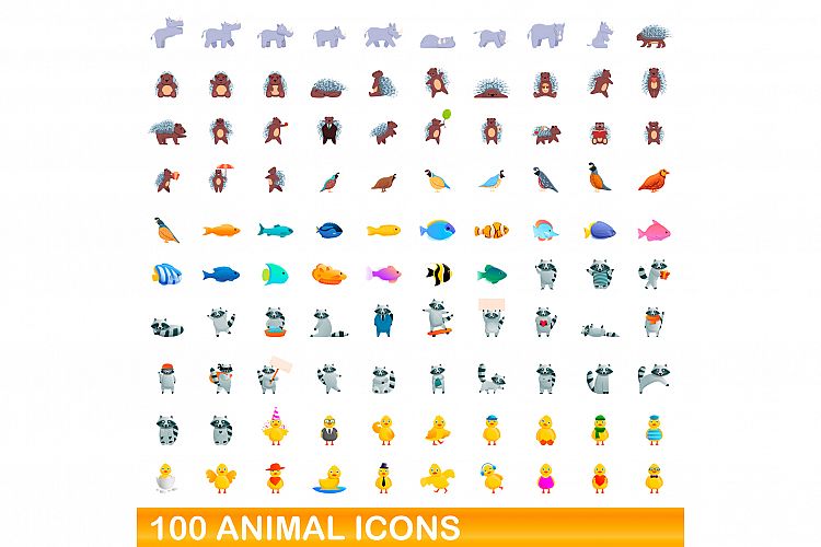 100 animal icons set, cartoon style example image 1