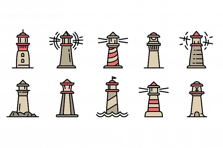 Lighthouse icons set, outline style example image 1