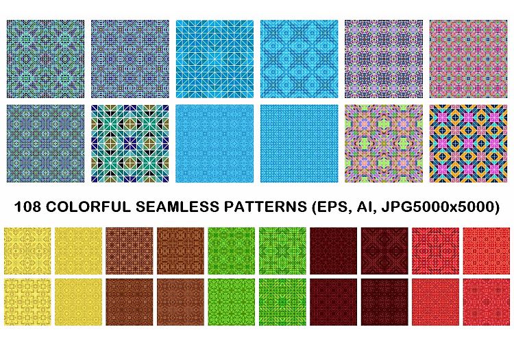 108 colorful seamless kaleidoscope triangle patterns (AI, EPS, JPG 5000x5000)