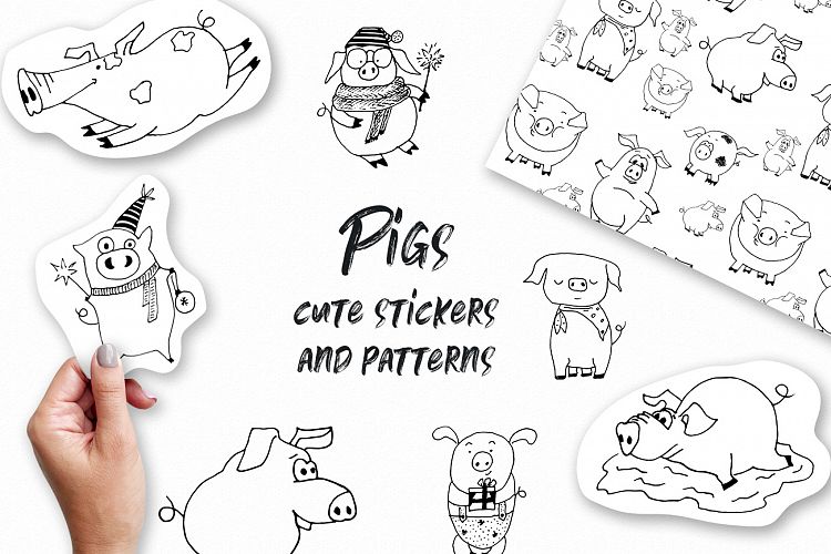 Pigs. Cute vector Stickers & Patterns Christmas graphic Pigs