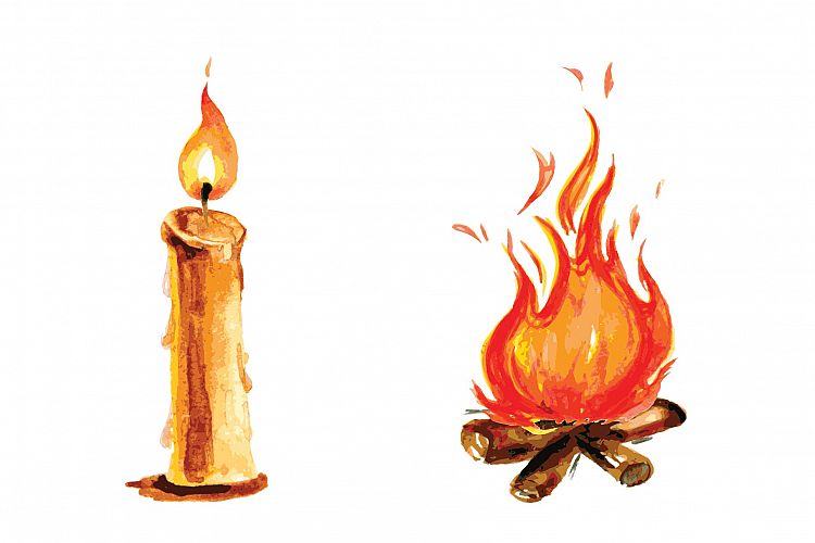 Candle and bonfire - watercolor