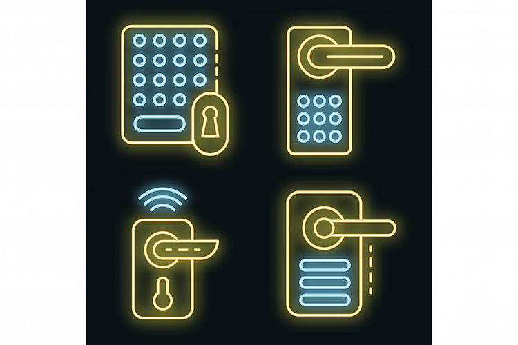 Wireless door lock icons set vector neon example image 1