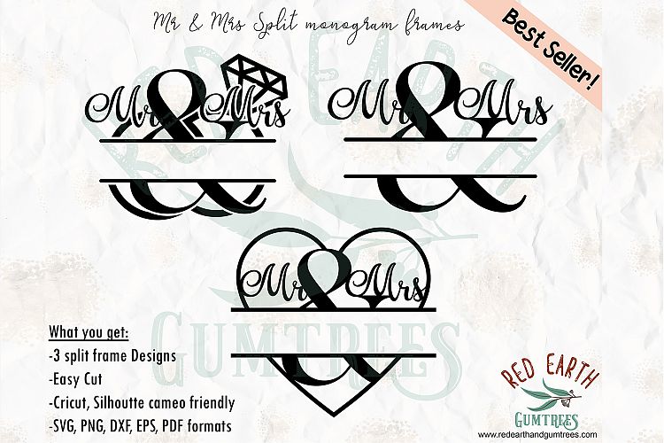 Mr & Mrs split monogram frame, wedding decal SVG,DXF,PNG,EPS