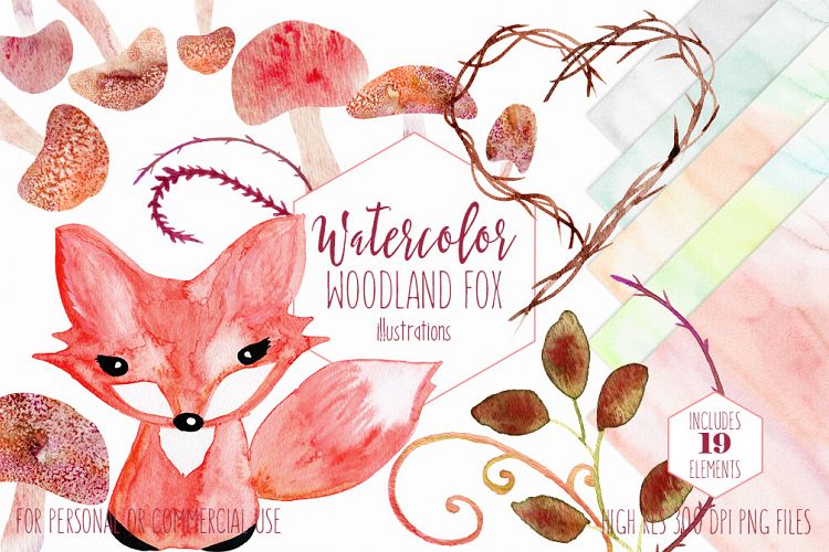 Cute Watercolor Woodland Fox Baby Animal Mushrooms Rustic Nature Clipart Set & Digital Background Papers