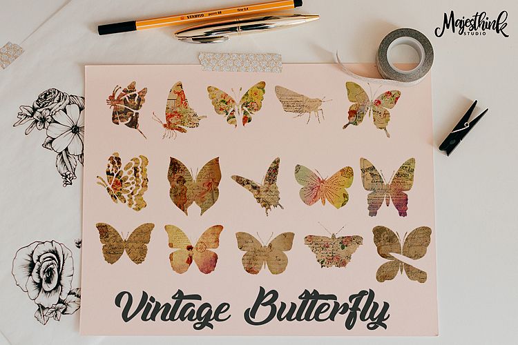 Vintage Butterfly Clip Art - with Old Paper Postcard Texture Distressed Grunge Brown Color