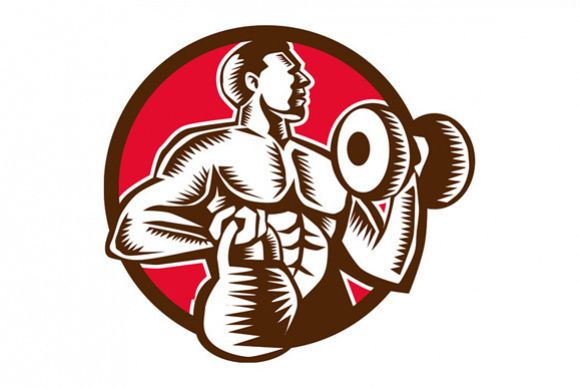 Athlete Lifting Kettlebell Dumbbell Circle Woodcut example image 1