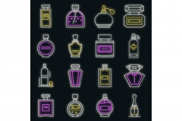 Fragrance bottles icons set vector neon example image 1