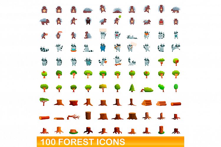 100 forest icons set, cartoon style example image 1