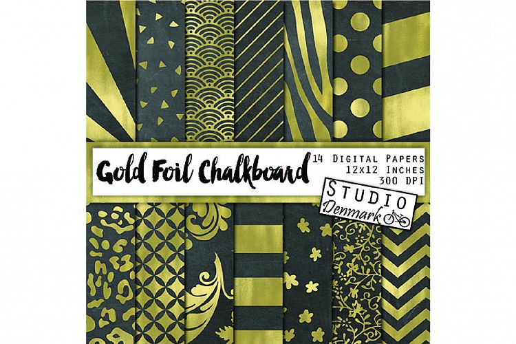 Gold Foil Chalkboard Digital Paper - Gold and Gray Stripes