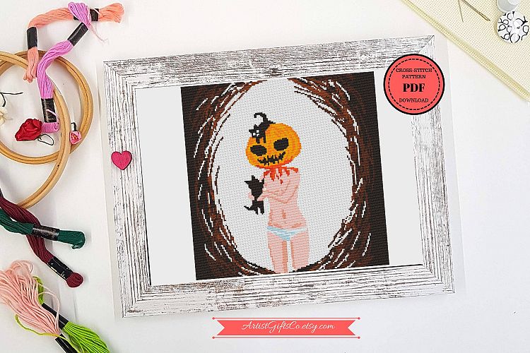 Halloween, Cross Stitch pattern PDF, Orange pumpkin